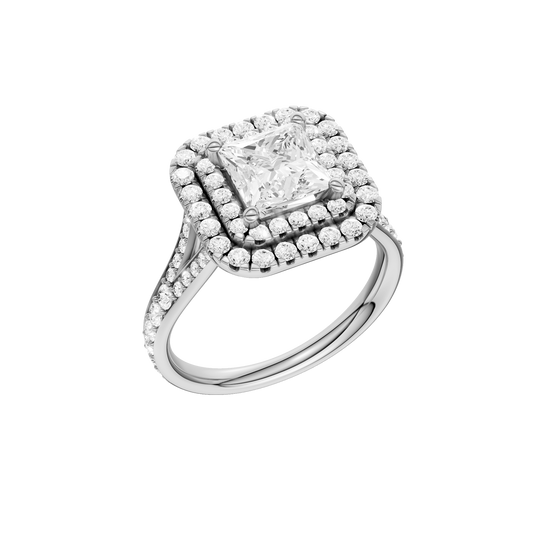 A three-quarter view of the Princess cut diamond engagement ring in platinum with a channel band and cathedral setting