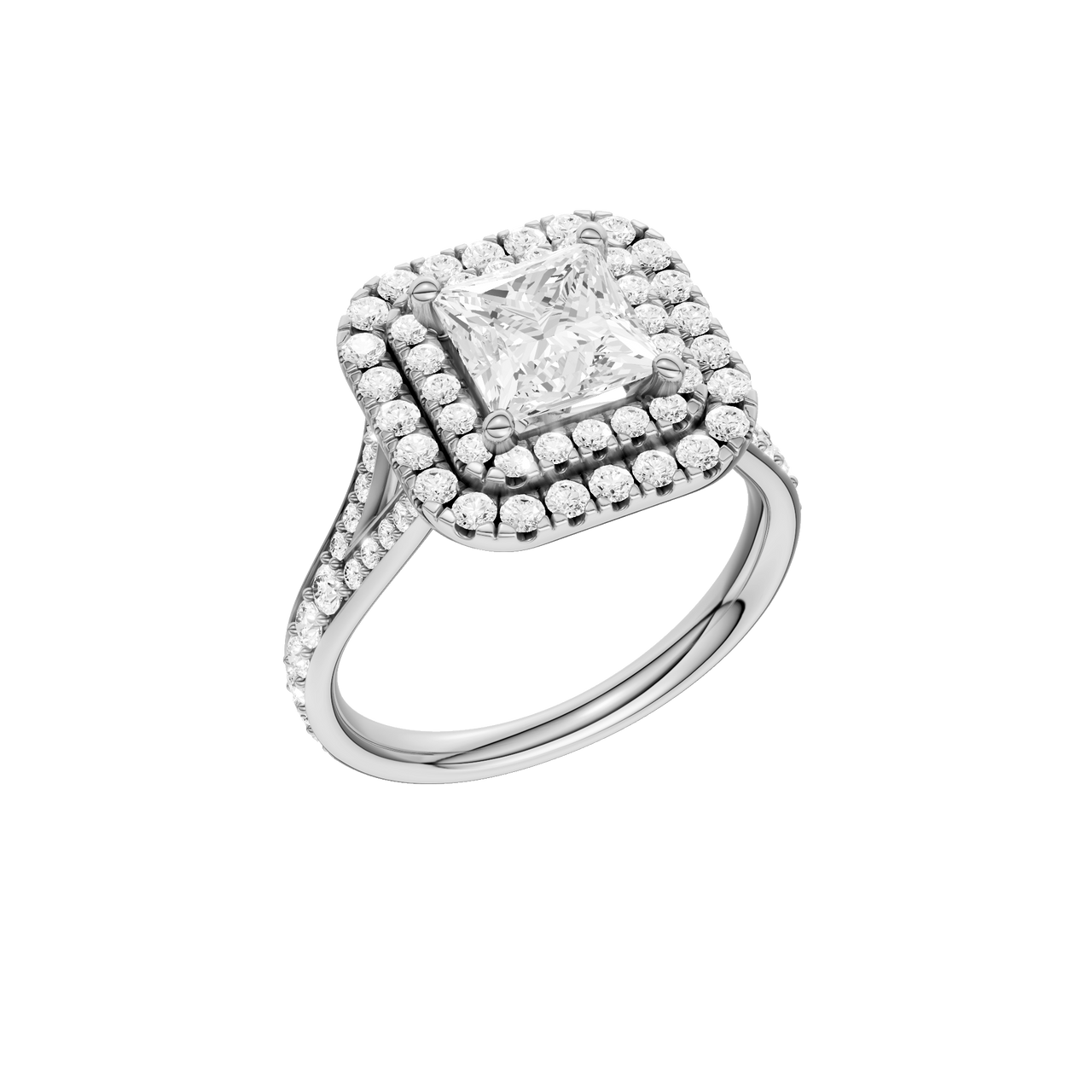 A three-quarter view of the Princess cut diamond engagement ring in 14k white gold with a channel band and cathedral setting