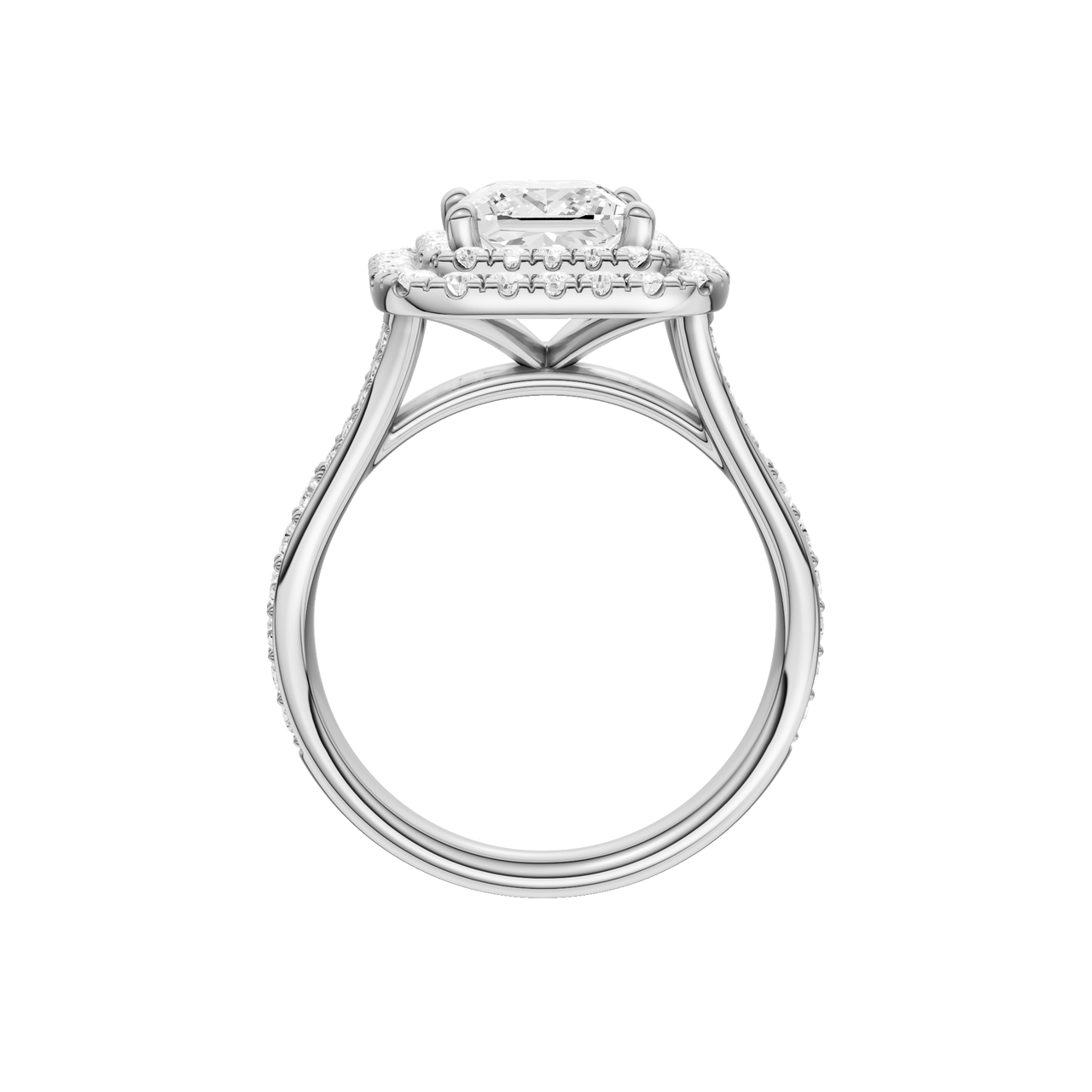 A profile view of the Princess cut diamond engagement ring in 14k white gold with a channel band and cathedral setting