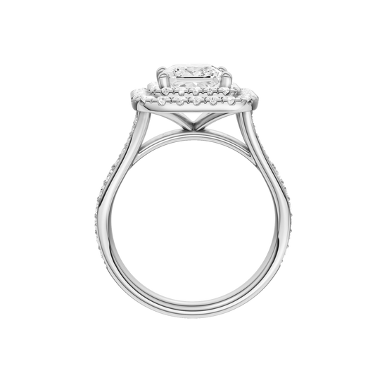 A profile view of the Princess cut diamond engagement ring in platinum with a channel band and cathedral setting