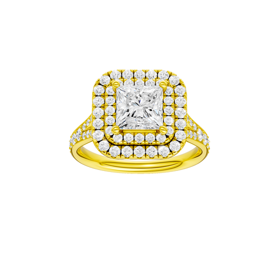 A front view of the Princess cut diamond engagement ring in 14k yellow gold with a channel band and cathedral setting