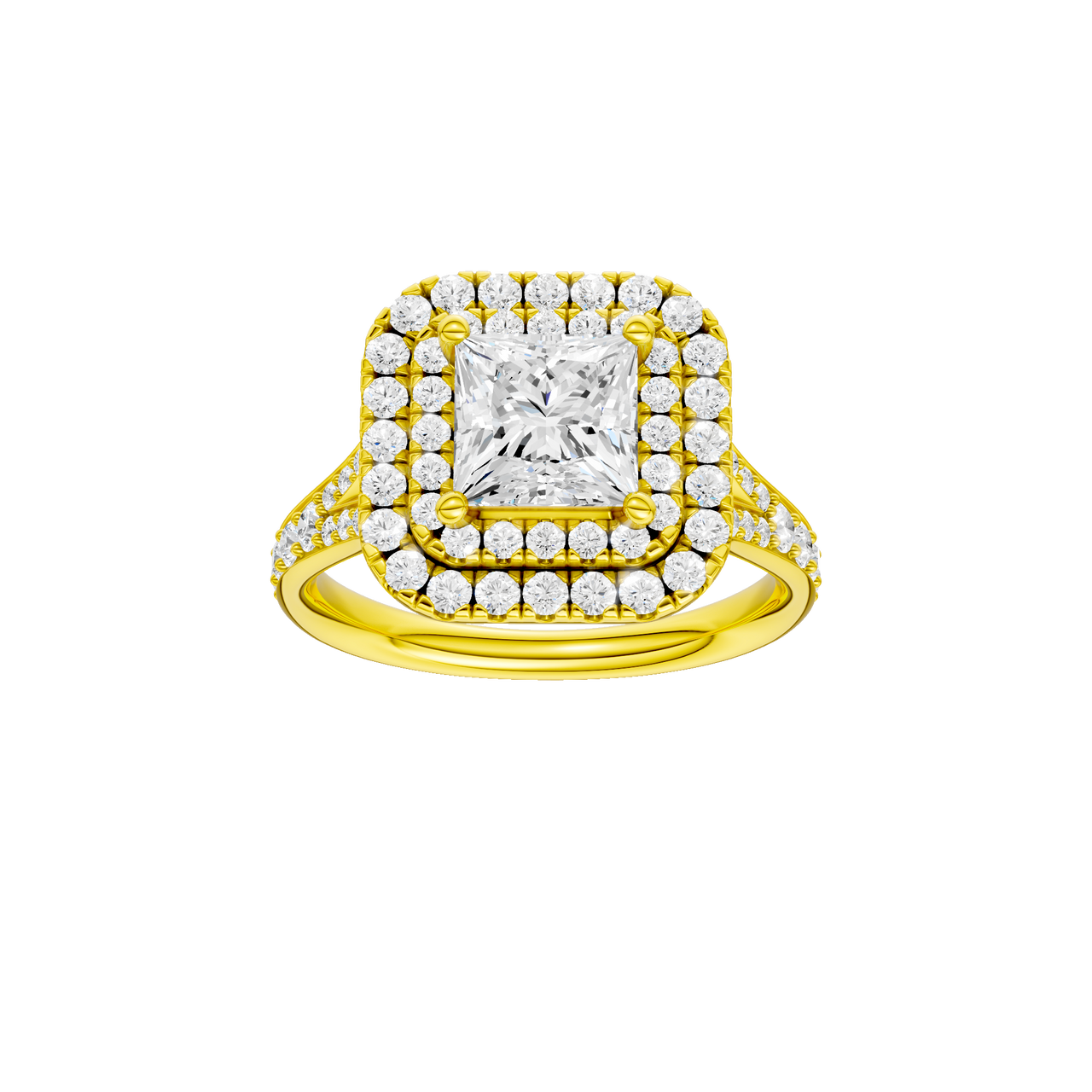 A front view of the Princess cut diamond engagement ring in 14k yellow gold with a channel band and cathedral setting