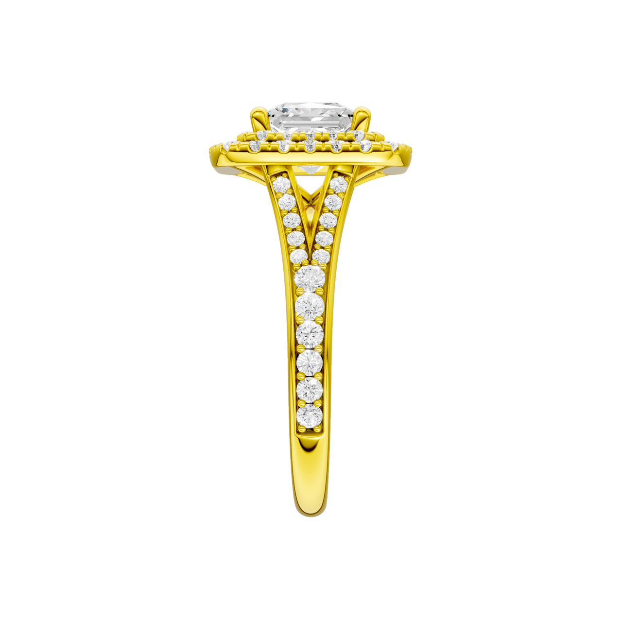 A side view of the Princess cut diamond engagement ring in 14k yellow gold with a channel band and cathedral setting
