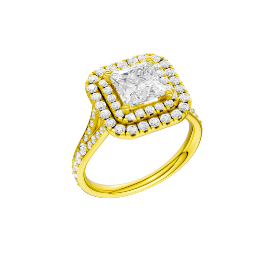 A three-quarter view of the Princess cut diamond engagement ring in 14k yellow gold with a channel band and cathedral setting