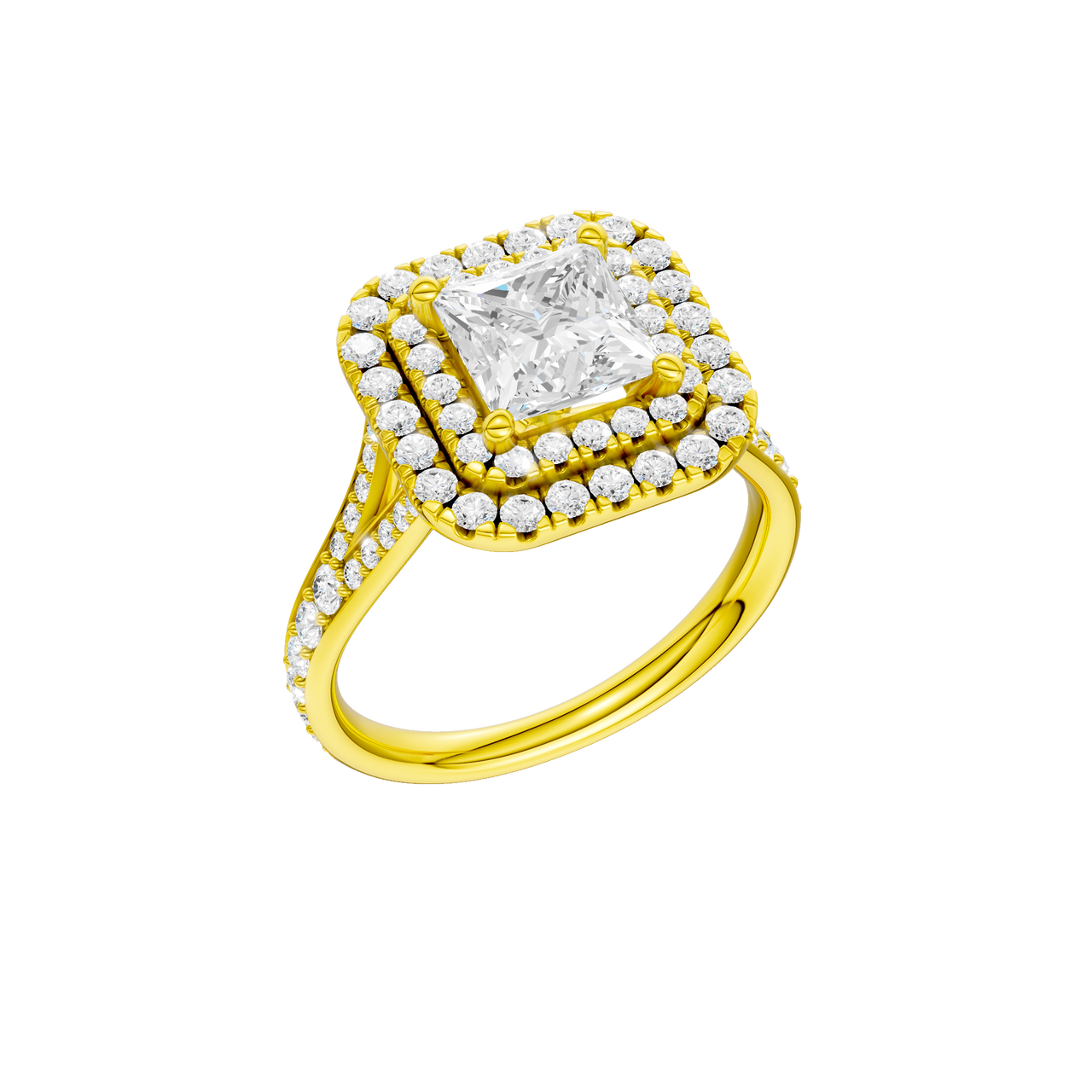 A three-quarter view of the Princess cut diamond engagement ring in 14k yellow gold with a channel band and cathedral setting