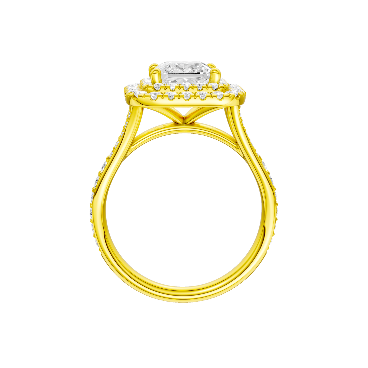 A profile view of the Princess cut diamond engagement ring in 14k yellow gold with a channel band and cathedral setting