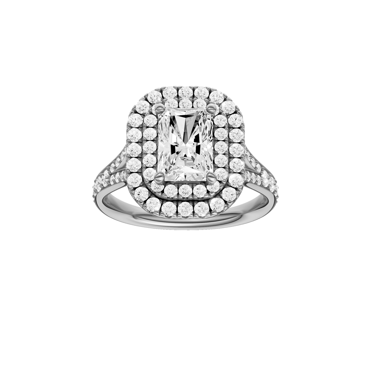 A front view of the Radiant cut diamond engagement ring in 14k white gold with a channel band and cathedral setting