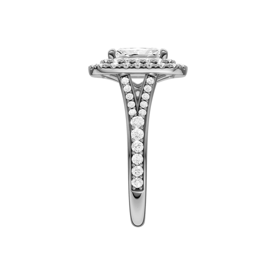 A side view of the Radiant cut diamond engagement ring in platinum with a channel band and cathedral setting