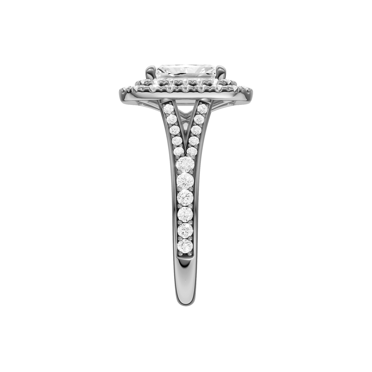A side view of the Radiant cut diamond engagement ring in platinum with a channel band and cathedral setting