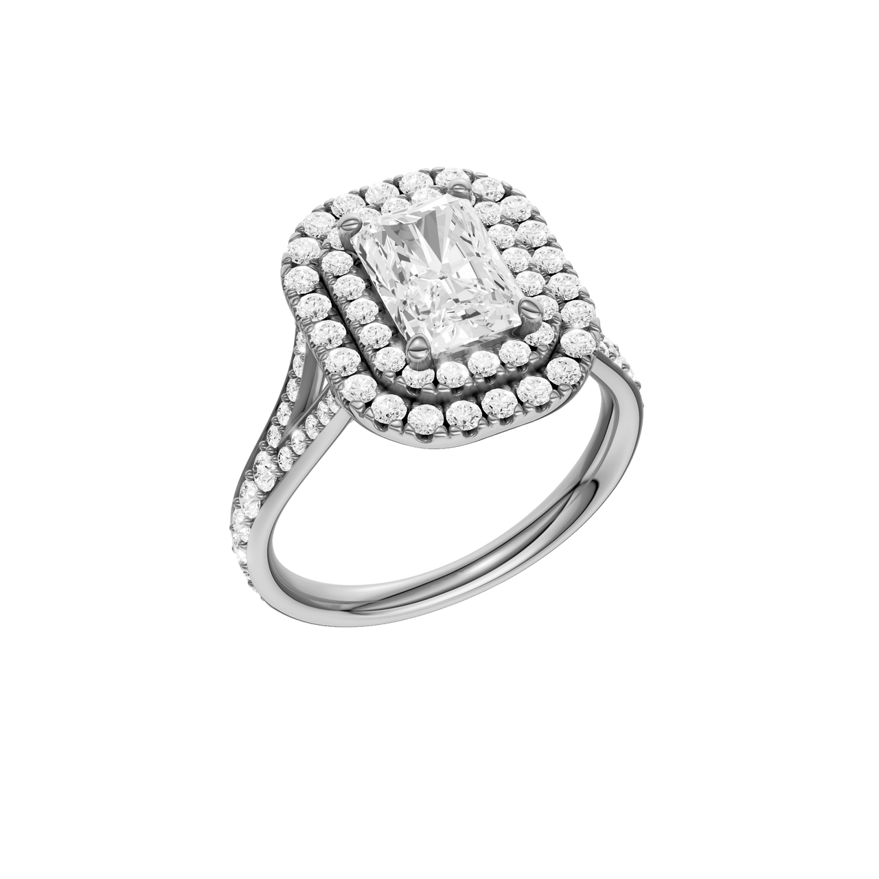 A three-quarter view of the Radiant cut diamond engagement ring in platinum with a channel band and cathedral setting