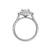 A profile view of the Radiant cut diamond engagement ring in 14k white gold with a channel band and cathedral setting