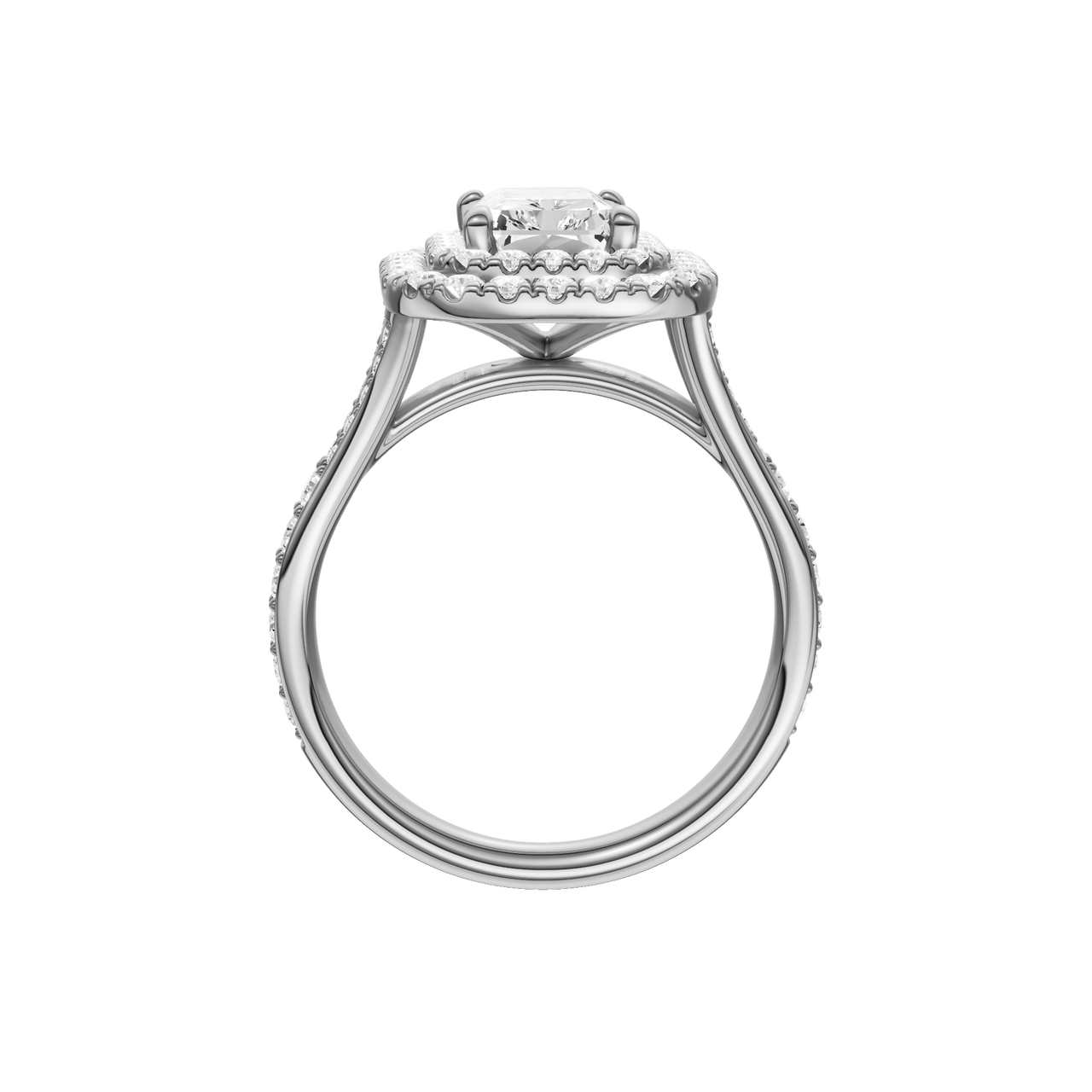 A profile view of the Radiant cut diamond engagement ring in 14k white gold with a channel band and cathedral setting