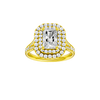 A front view of the Radiant cut diamond engagement ring in 14k yellow gold with a channel band and cathedral setting