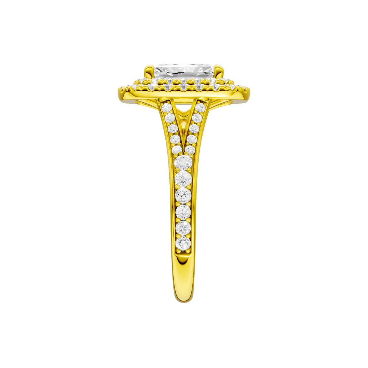 A side view of the Radiant cut diamond engagement ring in 14k yellow gold with a channel band and cathedral setting
