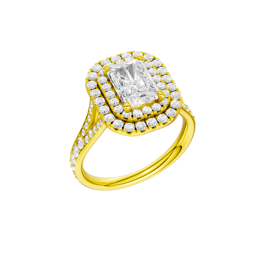A three-quarter view of the Radiant cut diamond engagement ring in 14k yellow gold with a channel band and cathedral setting