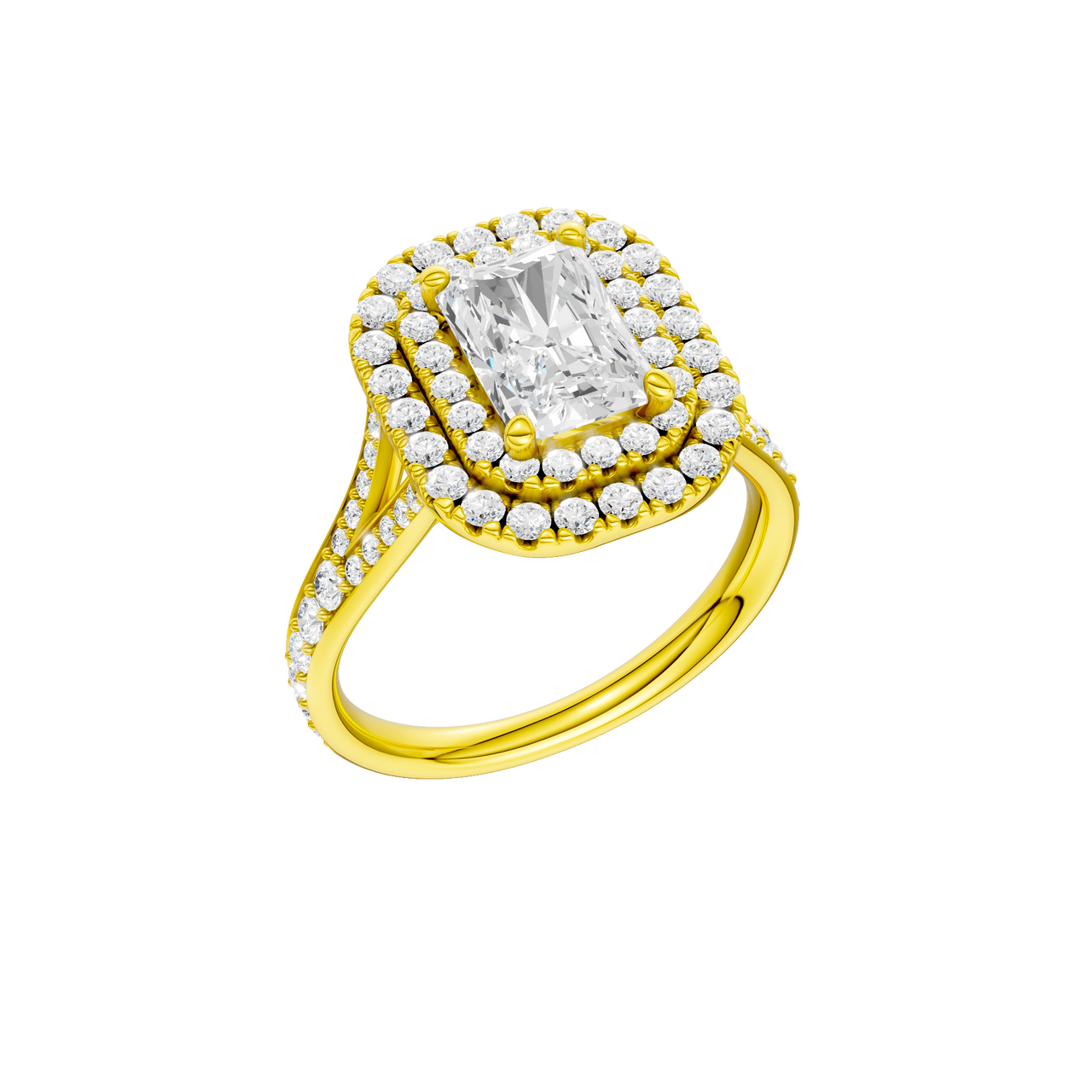 A three-quarter view of the Radiant cut diamond engagement ring in 14k yellow gold with a channel band and cathedral setting