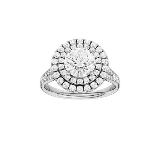 A front view of the Round cut diamond engagement ring in platinum with a channel band and cathedral setting