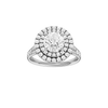 A front view of the Round cut diamond engagement ring in platinum with a channel band and cathedral setting