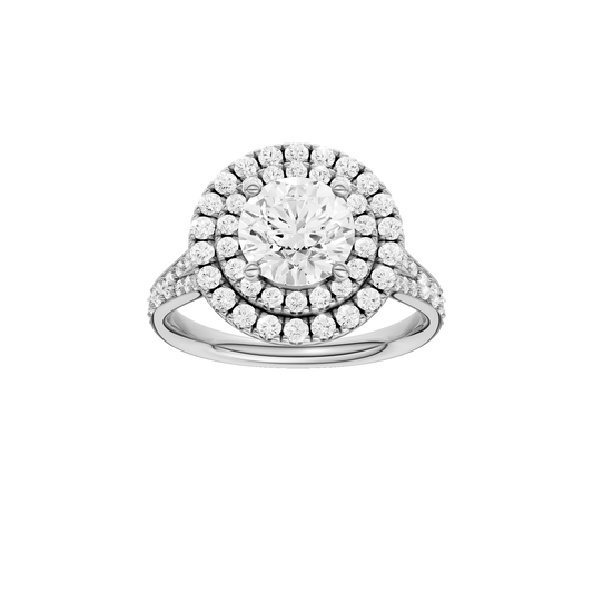 A front view of the Round cut diamond engagement ring in 14k white gold with a channel band and cathedral setting
