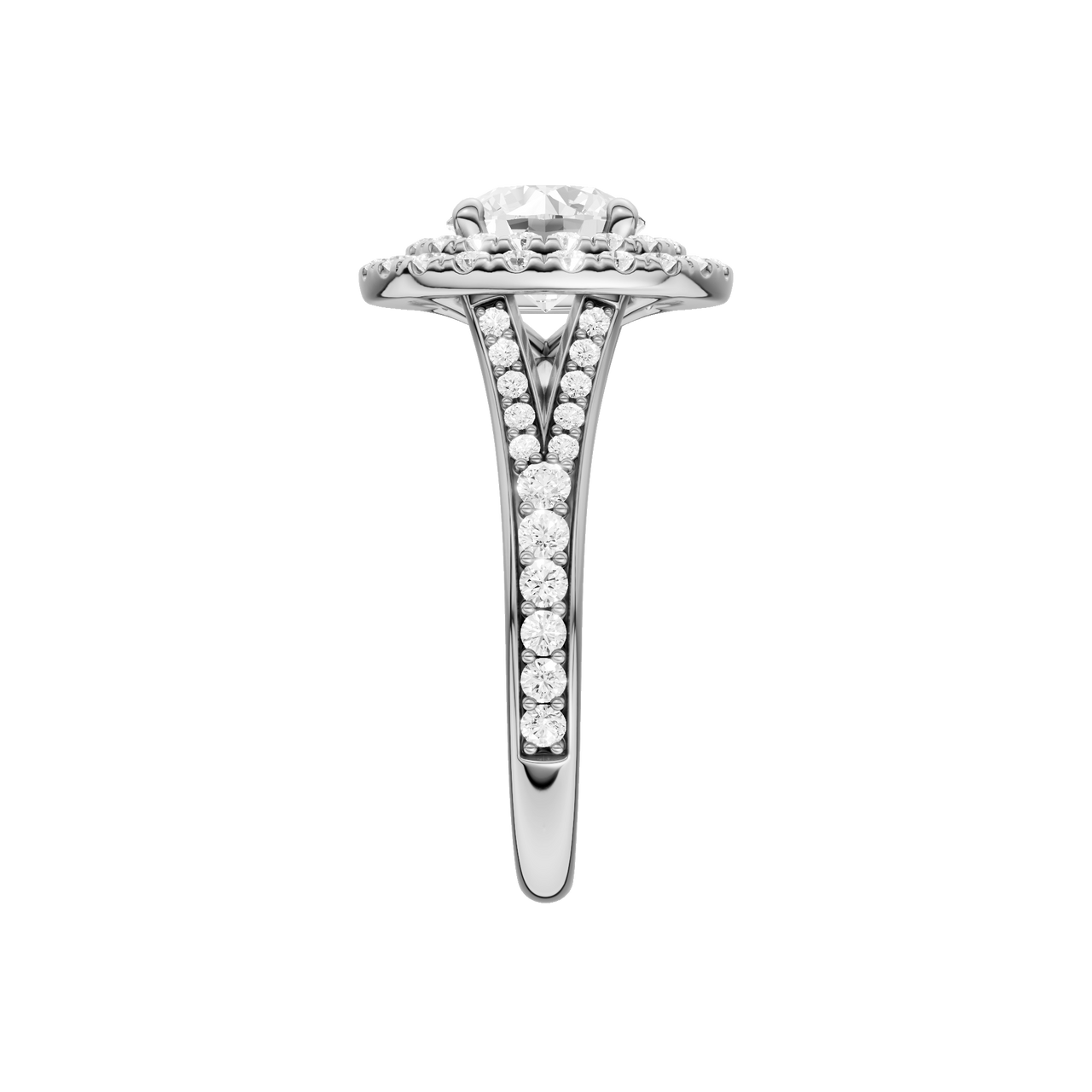 A side view of the Round cut diamond engagement ring in 14k white gold with a channel band and cathedral setting