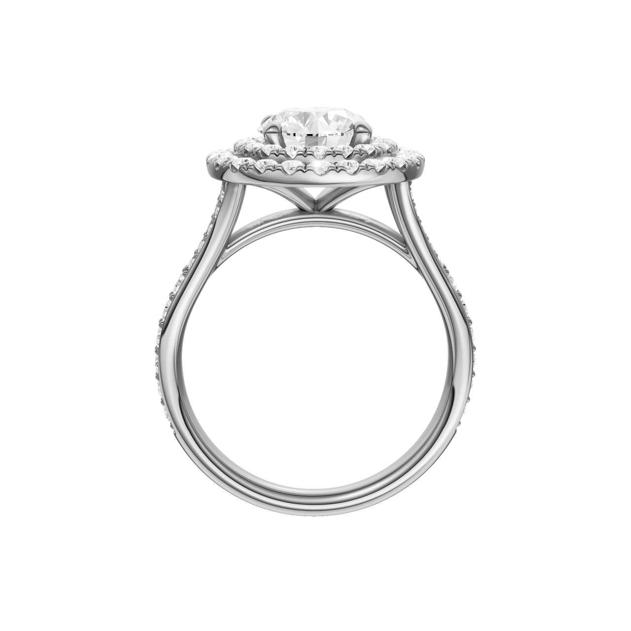A profile view of the Round cut diamond engagement ring in 14k white gold with a channel band and cathedral setting