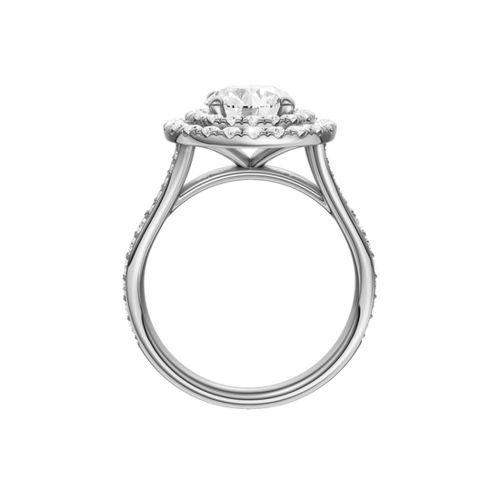 A profile view of the Round cut diamond engagement ring in platinum with a channel band and cathedral setting