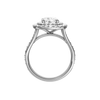 A profile view of the Round cut diamond engagement ring in platinum with a channel band and cathedral setting