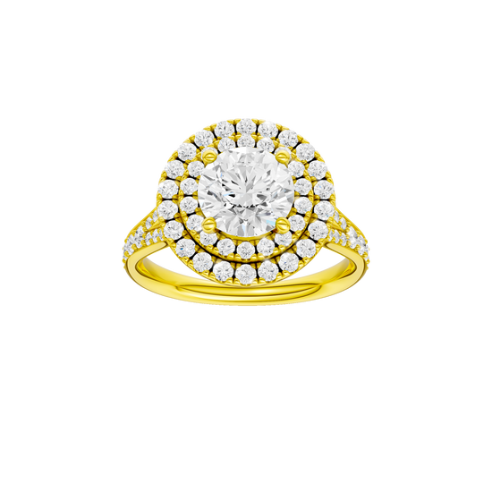 A front view of the Round cut diamond engagement ring in 14k yellow gold with a channel band and cathedral setting