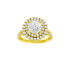 A front view of the Round cut diamond engagement ring in 14k yellow gold with a channel band and cathedral setting