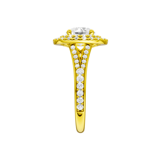 A side view of the Round cut diamond engagement ring in 14k yellow gold with a channel band and cathedral setting