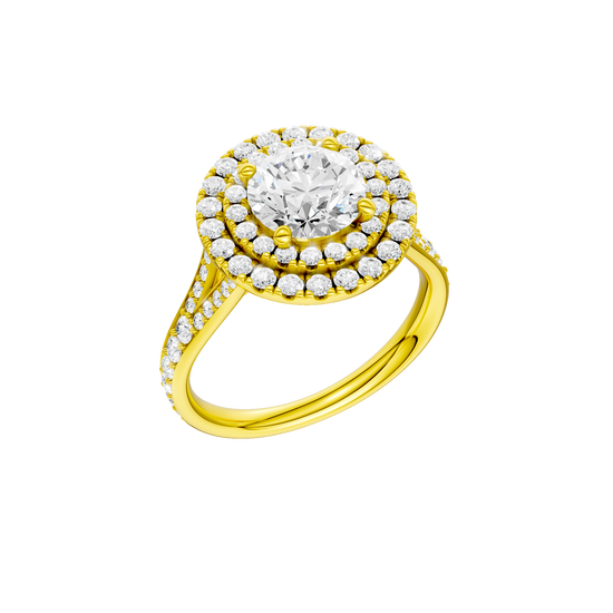 A three-quarter view of the Round cut diamond engagement ring in 14k yellow gold with a channel band and cathedral setting