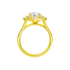 A profile view of the Round cut diamond engagement ring in 14k yellow gold with a channel band and cathedral setting