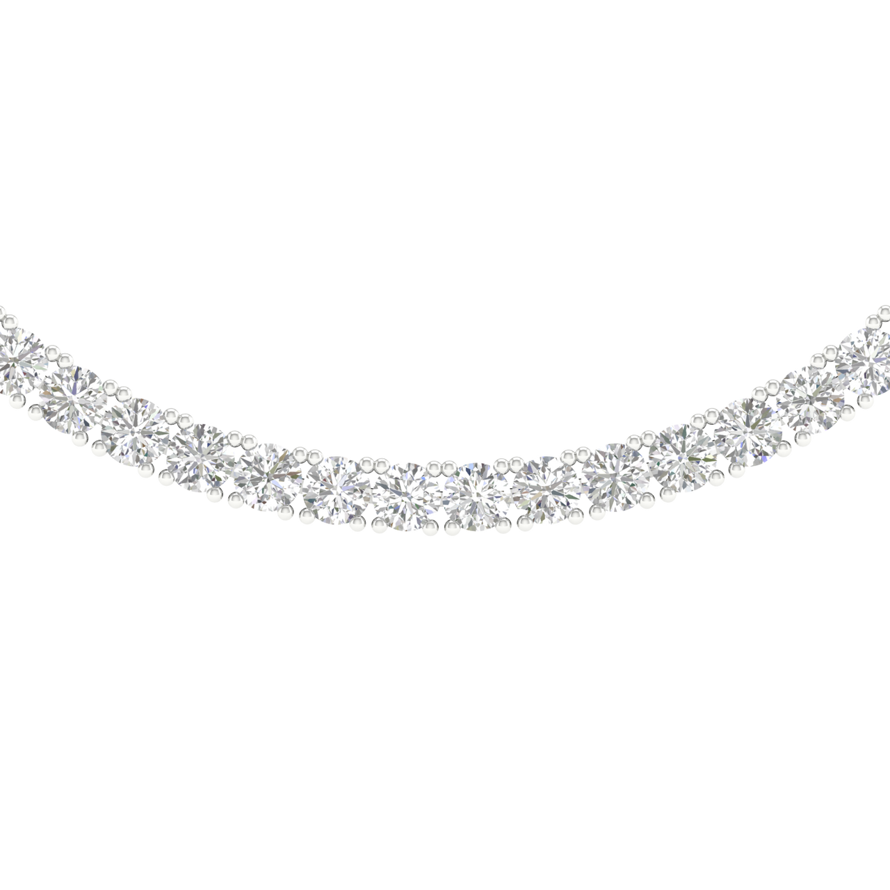 A close-up view of the 14K white gold F VS lab grown diamonds on the tennis necklace, showing their brilliant arrangement.