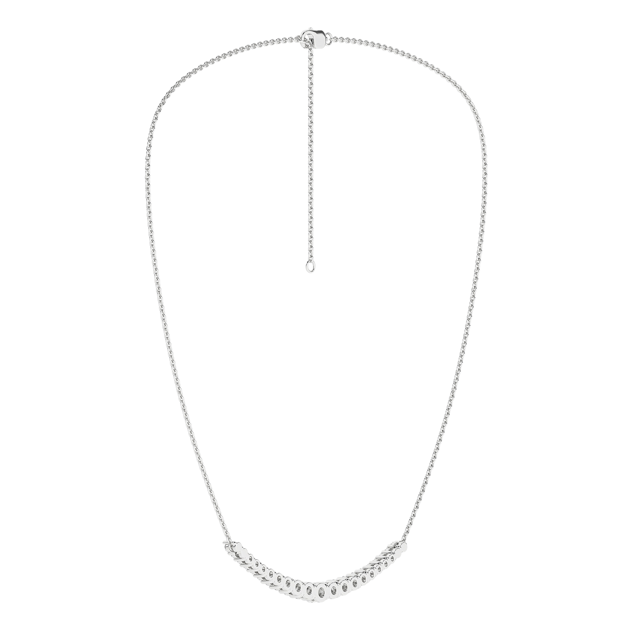 Amorati Diamonds, Petite Graduated Diamond Curve Necklace, 1 total carat, 14K white gold, u-shape, back side of necklace.
