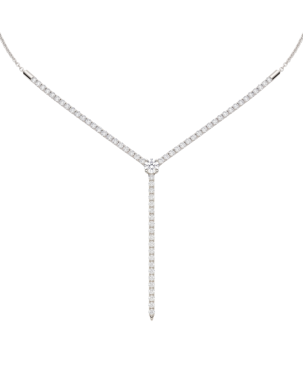 A close-up of the delicate 14K white gold diamond drop necklace (Valletta Strand) and the subtle diamond bar pendant.