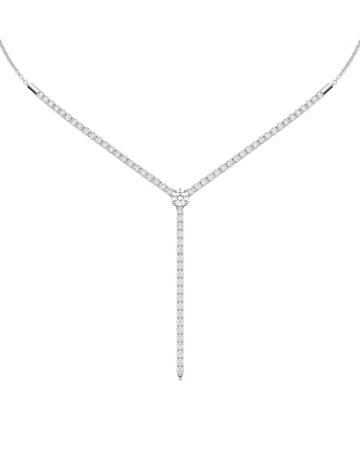 A close-up of the delicate 14K white gold diamond drop necklace (Valletta Strand) and the subtle diamond bar pendant.