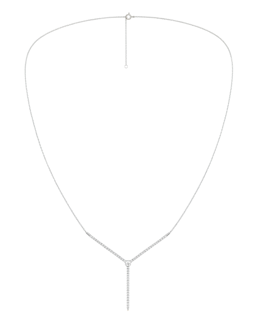 A full view of the thin 14K white gold chain with diamond bar pendant (Valletta Strand) for sophisticated layering.