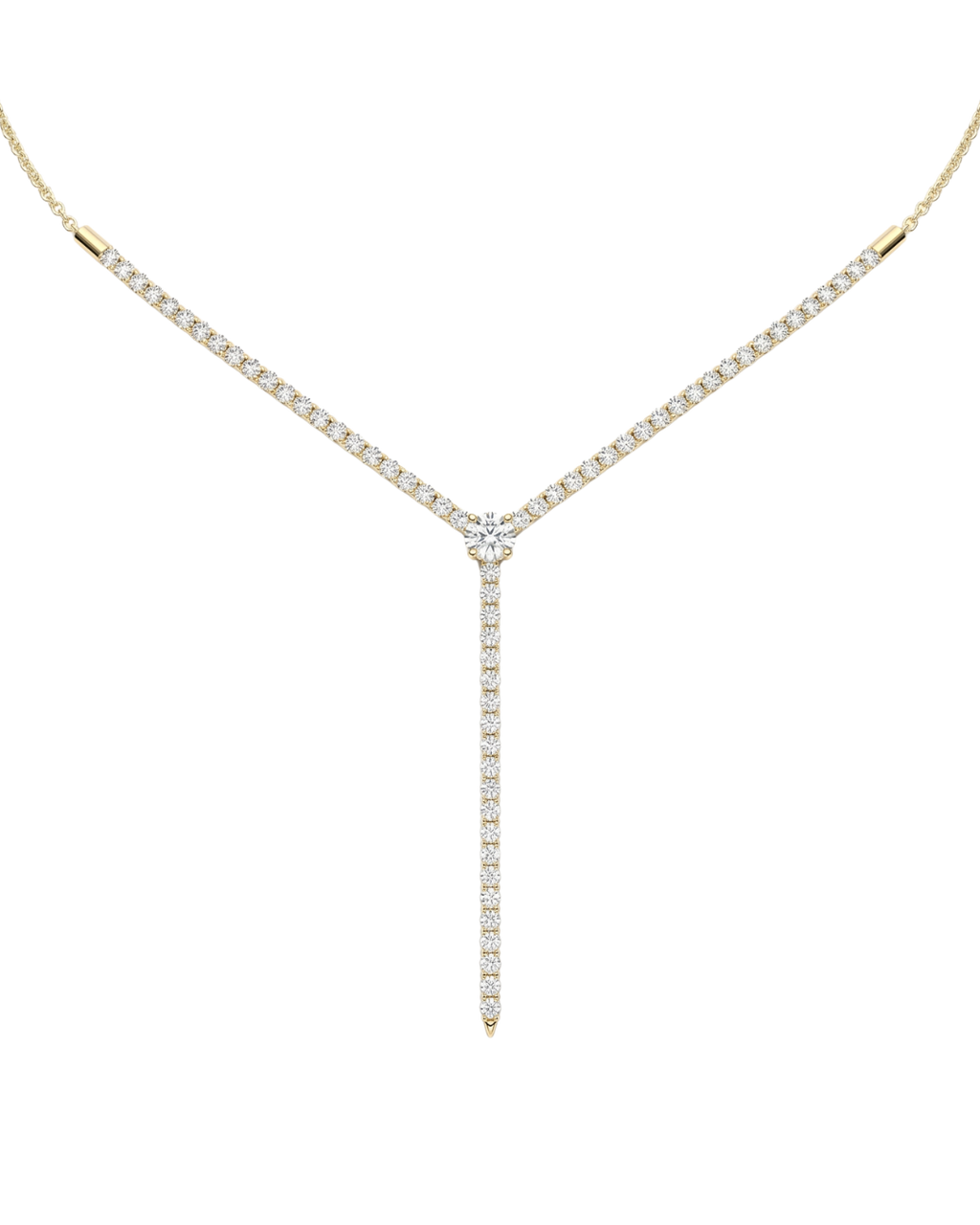 A close-up of the delicate 14K yellow gold diamond drop necklace (Valletta Strand) and the subtle diamond bar pendant.