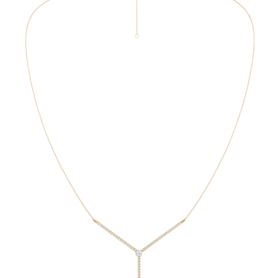 A full view of the thin 14K yellow gold chain with diamond bar pendant (Valletta Strand) for sophisticated layering.