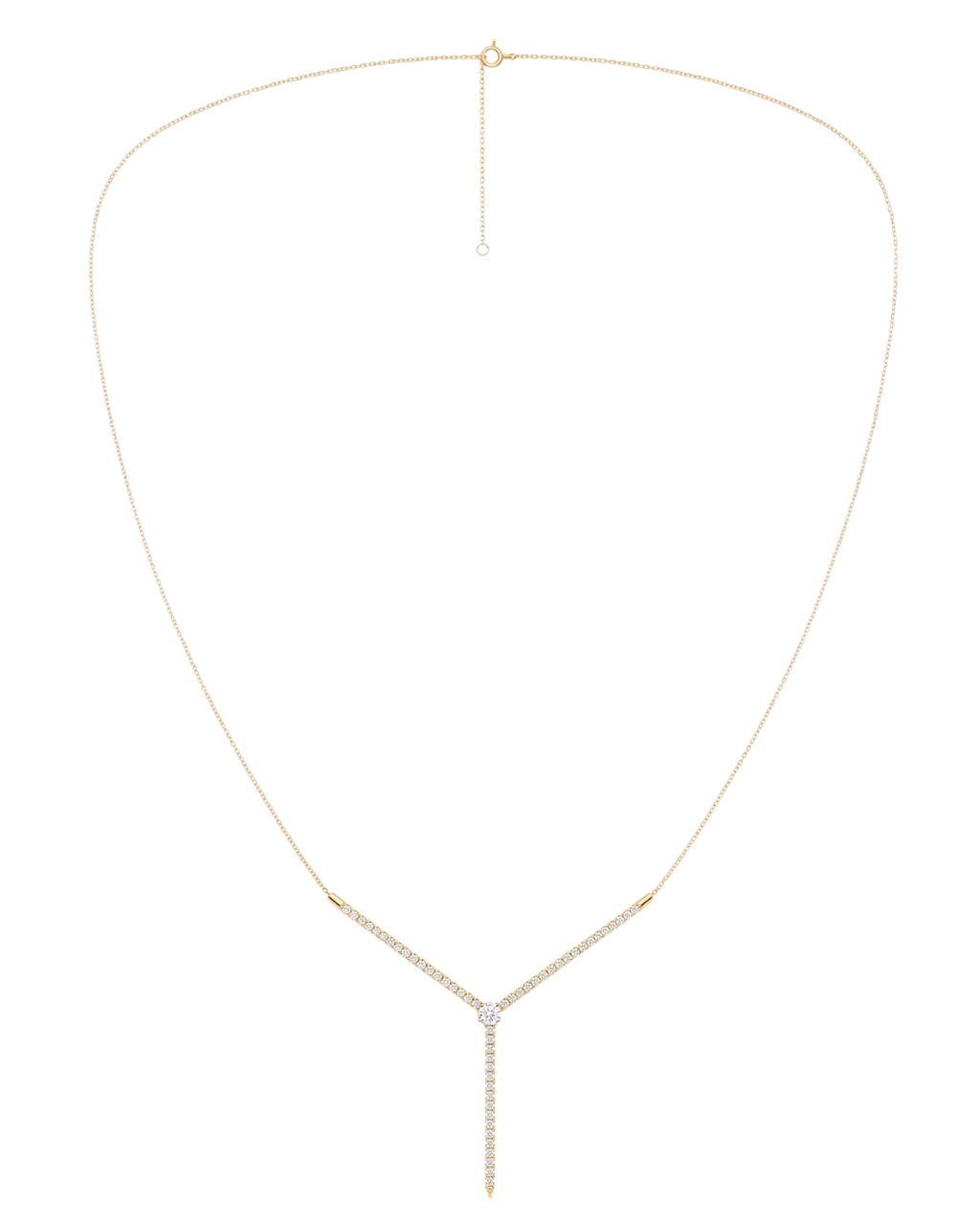 A full view of the thin 14K yellow gold chain with diamond bar pendant (Valletta Strand) for sophisticated layering.