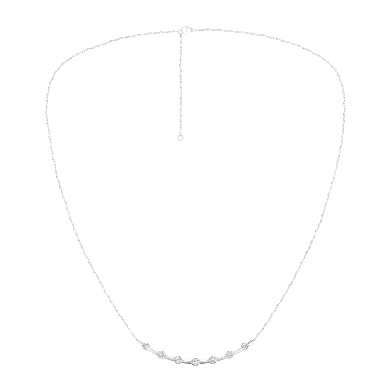 Wide view of a white gold diamond station necklace featuring round white diamonds spaced along a delicate chain in a refined fine jewelry style.