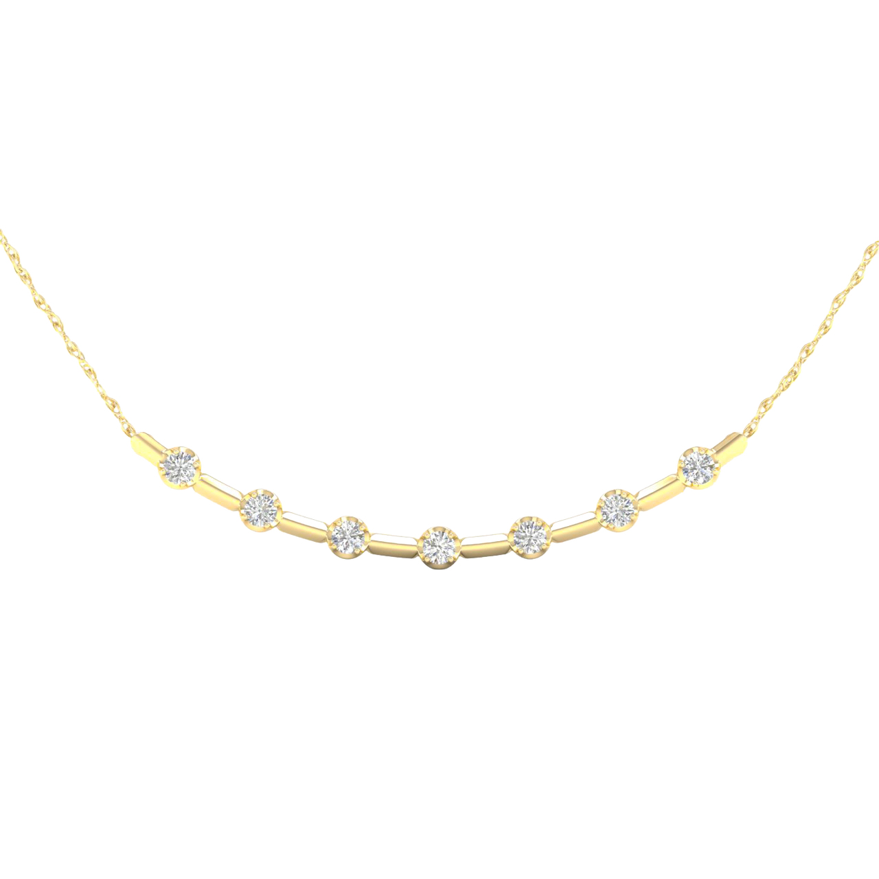 Close-up view of round white diamonds set in a yellow gold station necklace, highlighting diamond brilliance, setting detail, and polished gold finish.