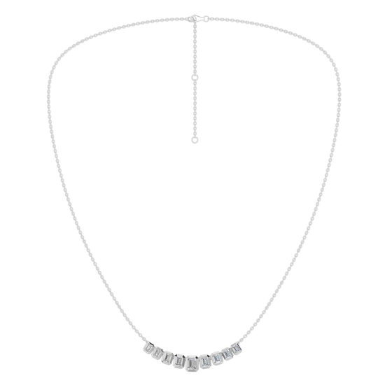 Front view of a delicate graduated emerald-cut diamond necklace in white gold, featuring smaller step-cut diamonds arranged in a refined curved silhouette on a fine chain.