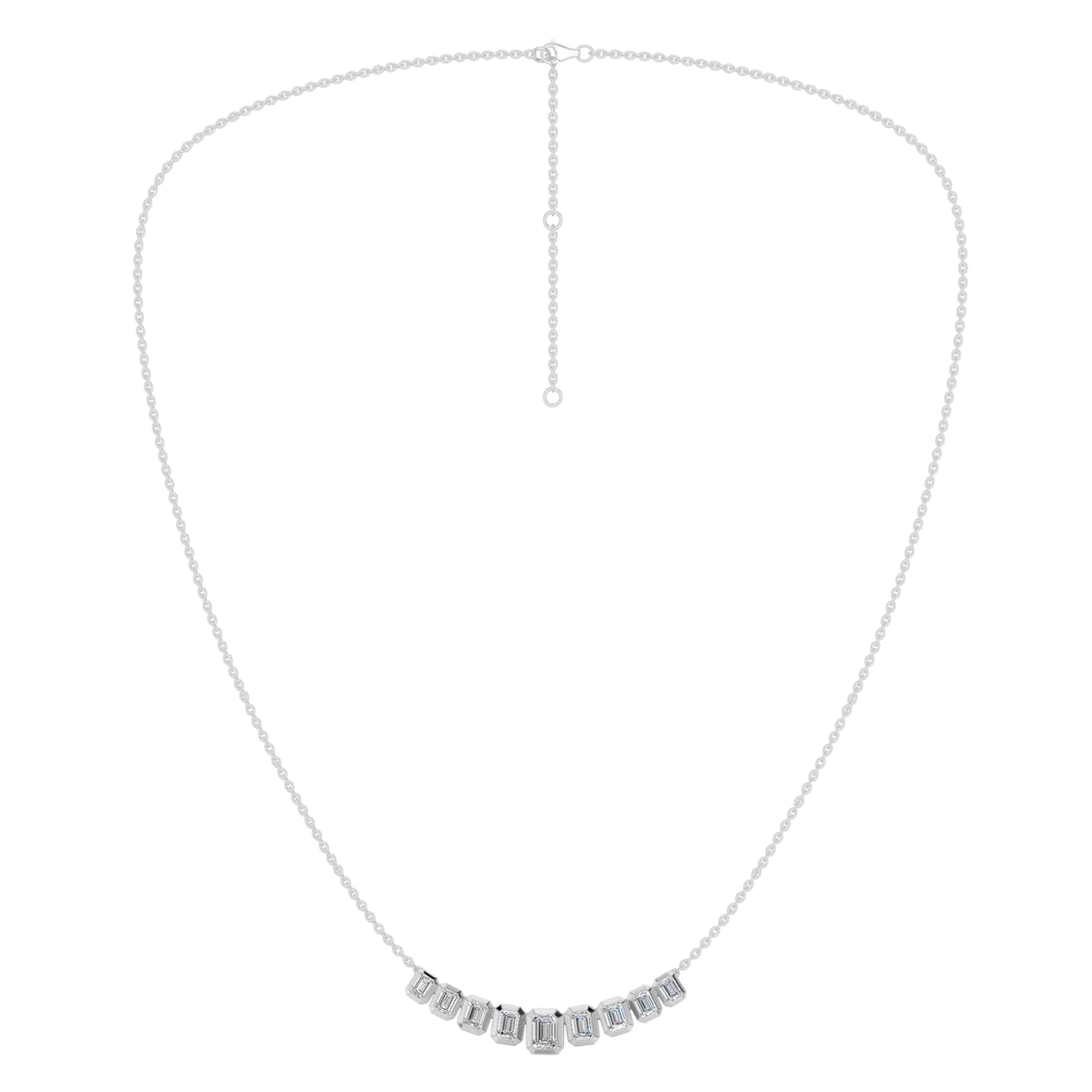 Front view of a delicate graduated emerald-cut diamond necklace in white gold, featuring smaller step-cut diamonds arranged in a refined curved silhouette on a fine chain.