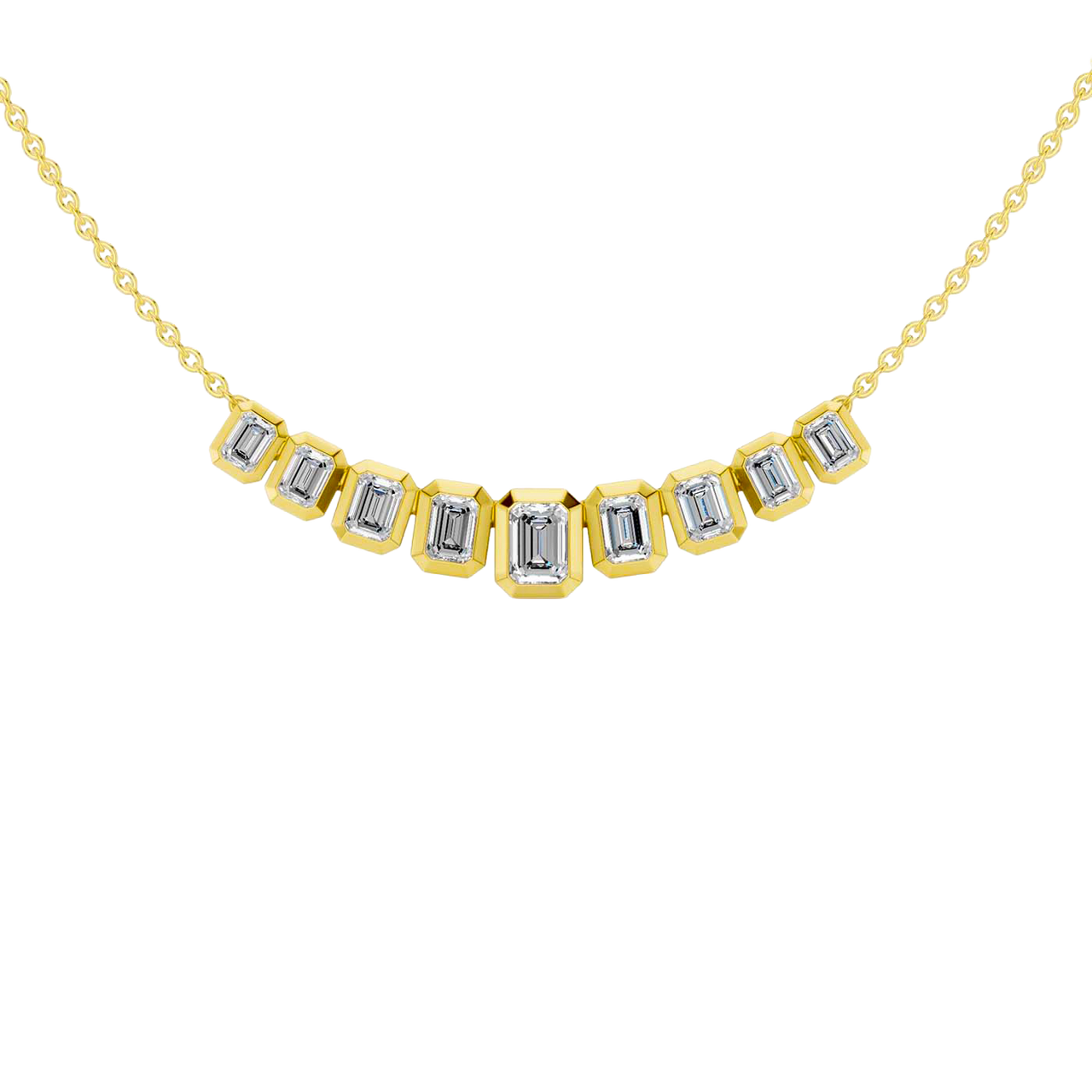 Front view of a delicate graduated emerald-cut diamond necklace in yellow gold, featuring smaller step-cut diamonds arranged in a soft curved silhouette.