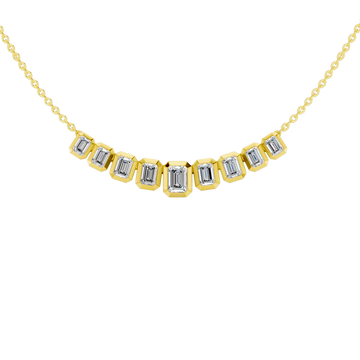 Front view of a delicate graduated emerald-cut diamond necklace in yellow gold, featuring smaller step-cut diamonds arranged in a soft curved silhouette.