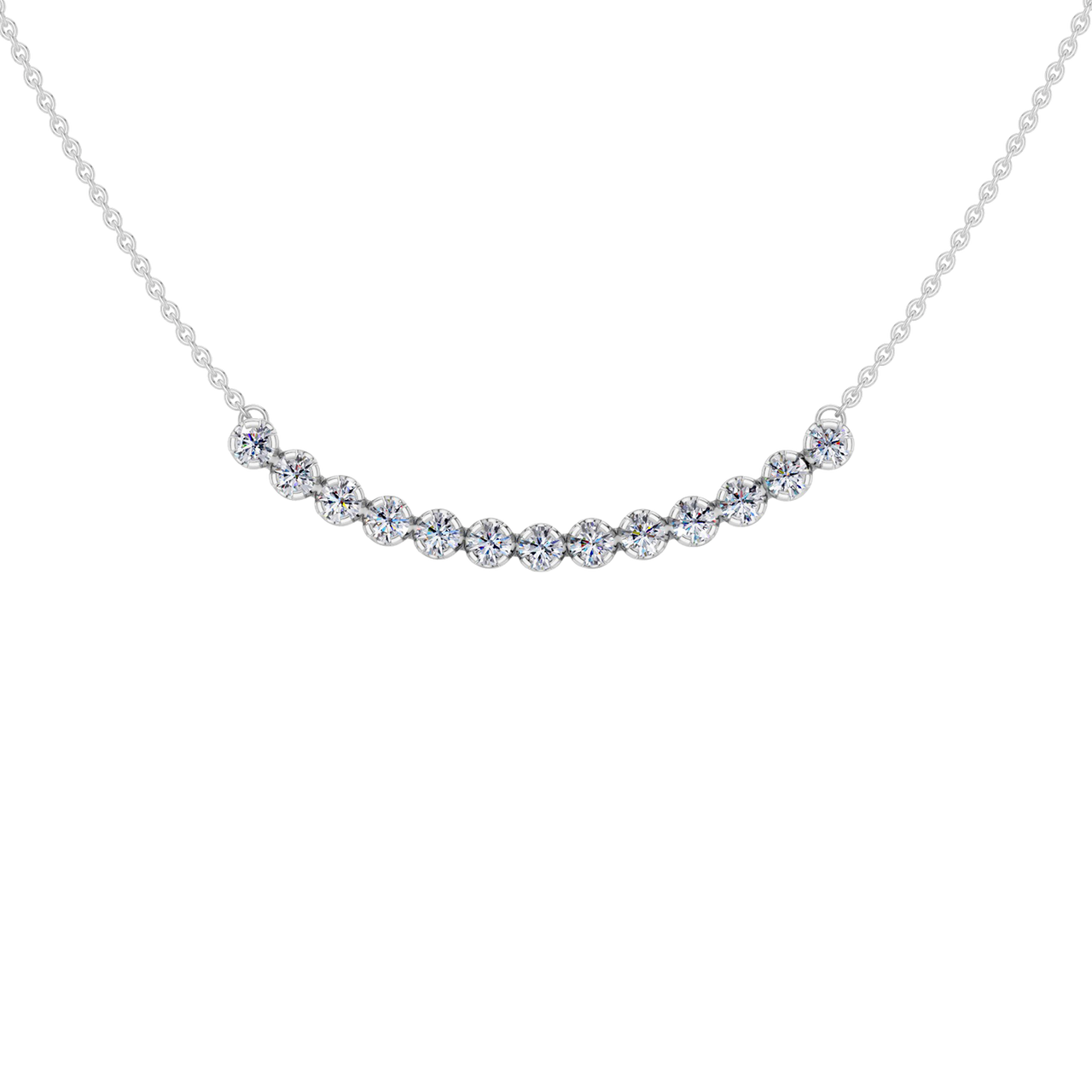 Up close front view of a white gold necklace featuring round white diamonds set along a gently curved design on a delicate chain.
