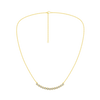 Front view of a yellow gold necklace featuring round white diamonds set along a gently curved design on a delicate chain.