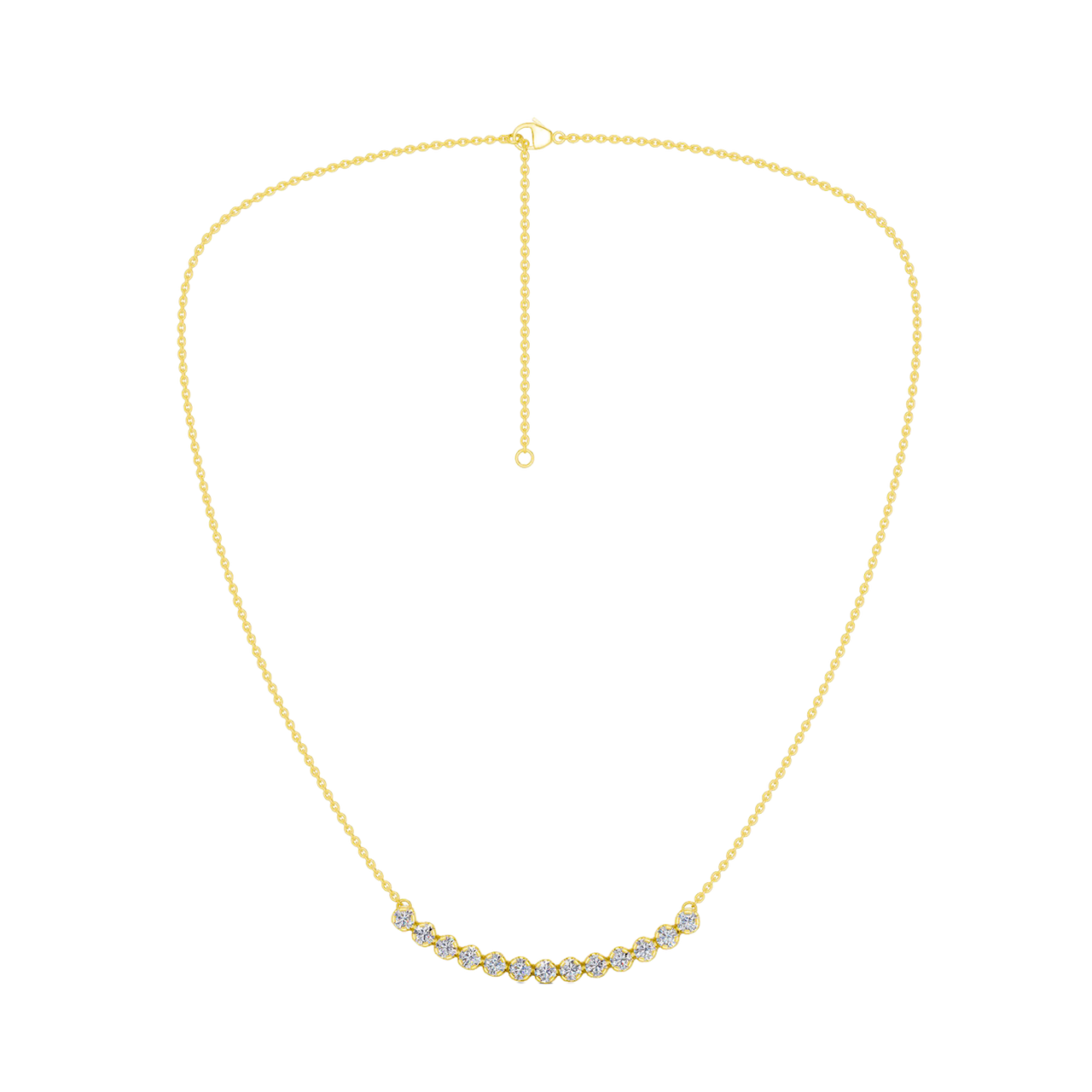 Front view of a yellow gold necklace featuring round white diamonds set along a gently curved design on a delicate chain.