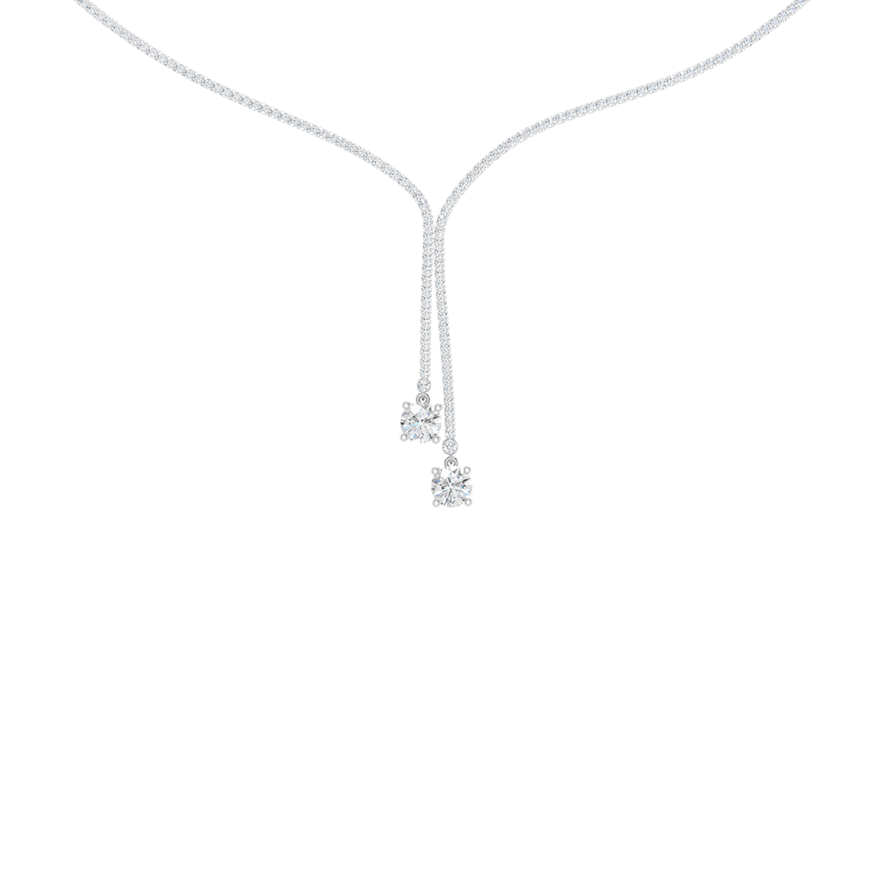 A close-up of the delicate 14K white gold diamond lariat Y necklace (Versailles Plunge) on a light background.